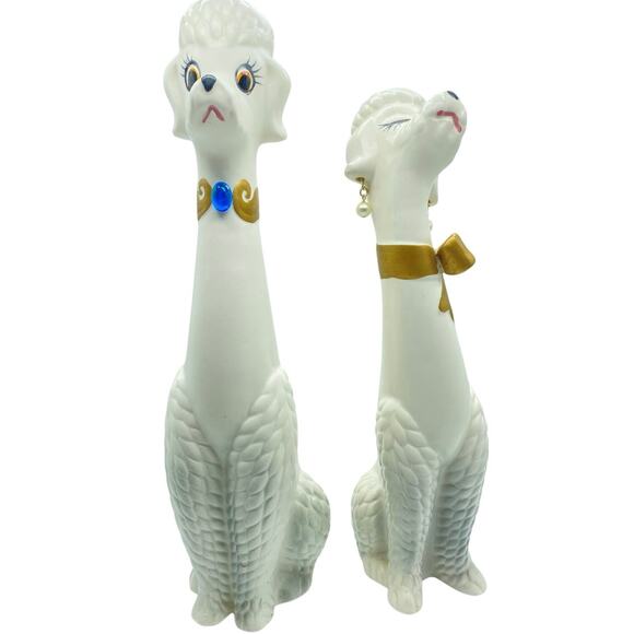Vintage Napco Japan long-neck poodle figurines 1950 Kitsch MCM 13”‎ White Set - Picture 2 of 9